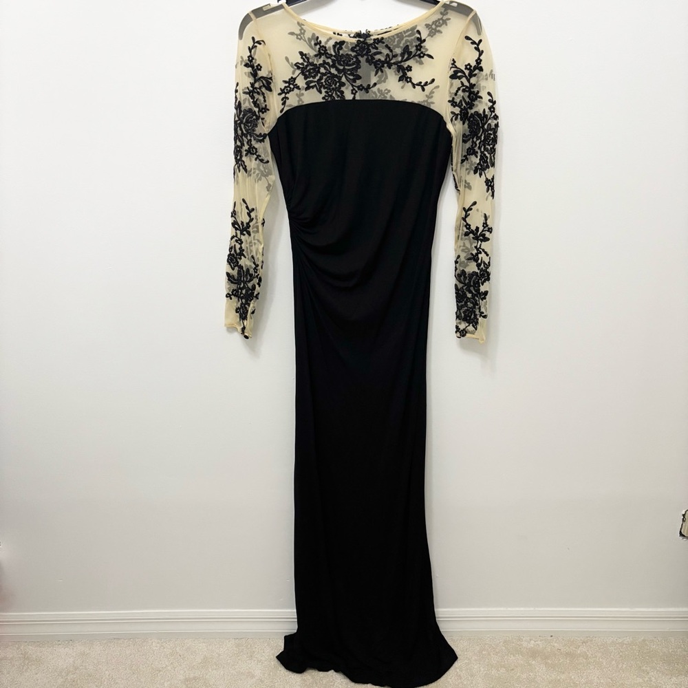 David Meister Black Lace Illusion Gown Size 4 Long Sleeve Dress Floral Formal